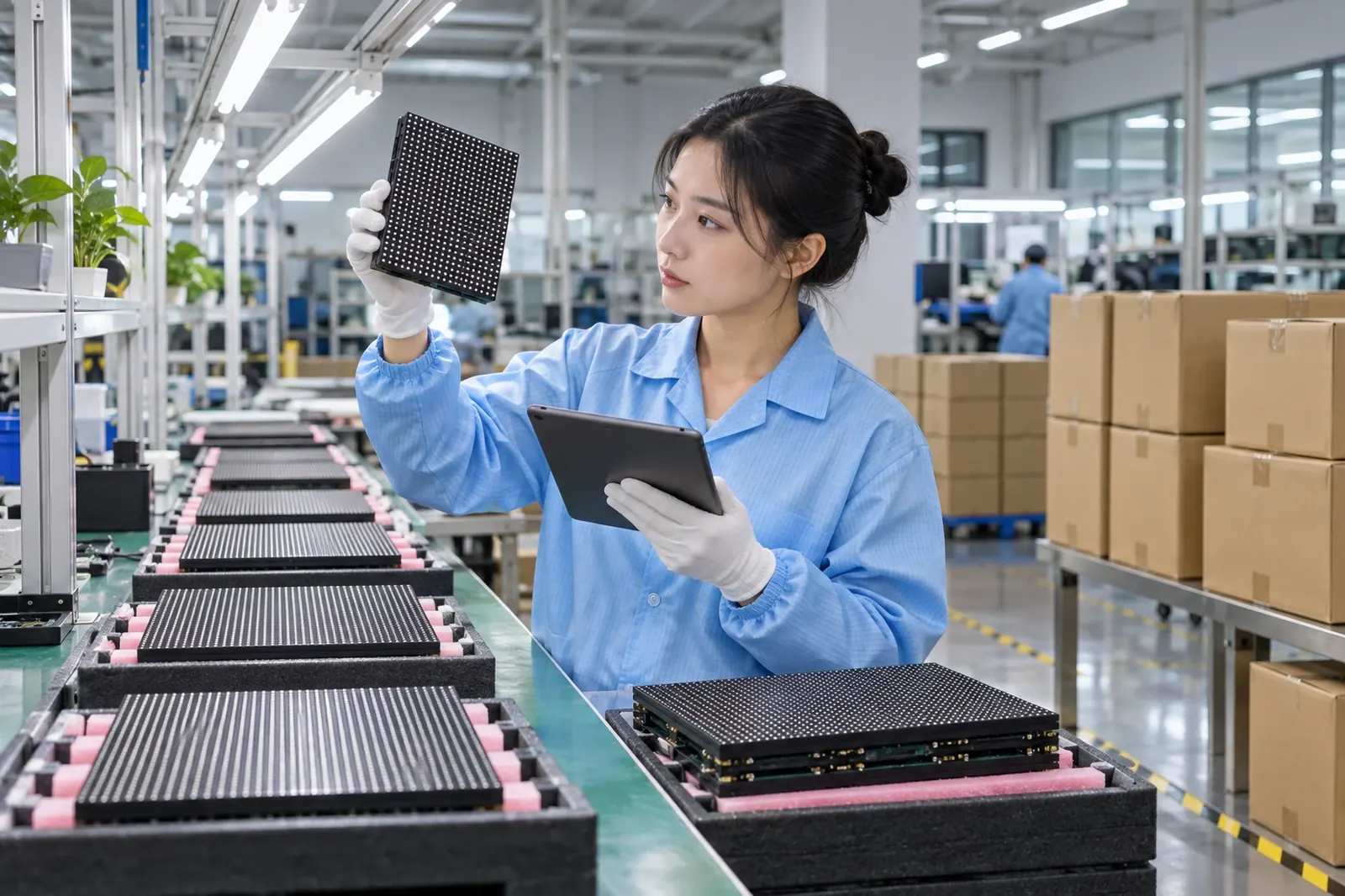 Inspector checking LED modules before shipment