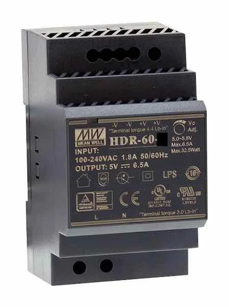 MEAN WELL HDR-60-5 5V DIN Rail Power Supply. 32.5W, 6.5A output — HDR-60-5